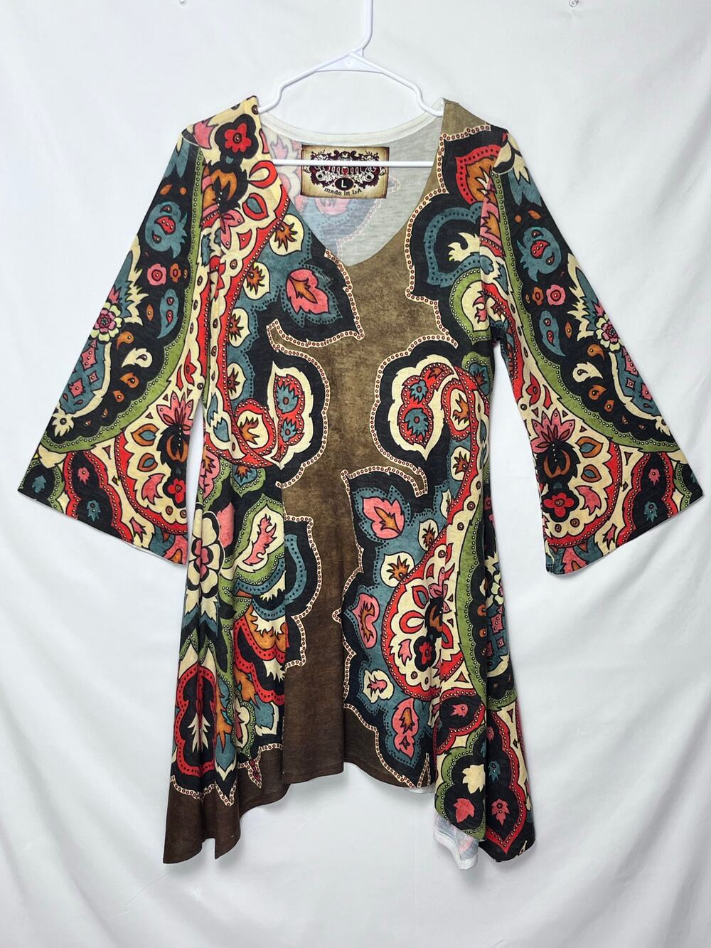 Amma Women's Size Large Multicolored V-Neck 3/4 Sleeve Boho Hippie Chic Dress